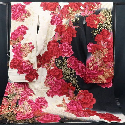 【中古】tomihisa 美品 希少トールサイズ 薔薇 銀通し 着物 成人式 振袖 7504