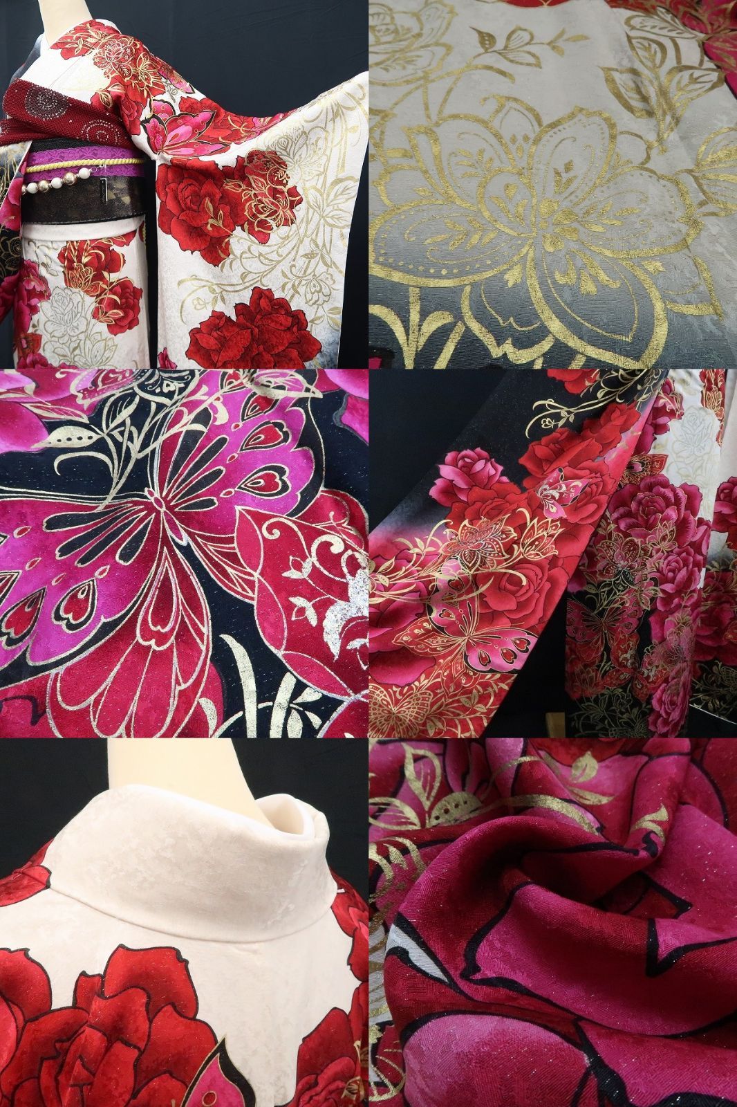 【中古】tomihisa 美品 希少トールサイズ 薔薇 銀通し 着物 成人式 振袖 7504