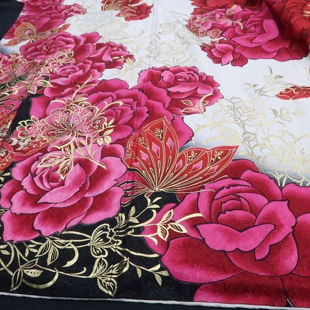 【中古】tomihisa 美品 希少トールサイズ 薔薇 銀通し 着物 成人式 振袖 7504