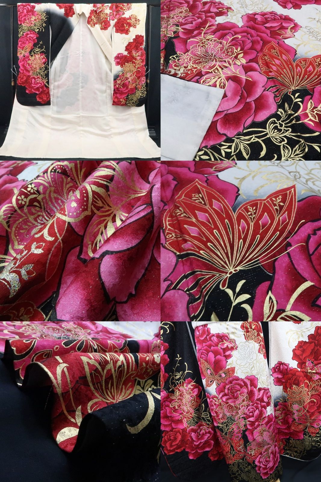 【中古】tomihisa 美品 希少トールサイズ 薔薇 銀通し 着物 成人式 振袖 7504