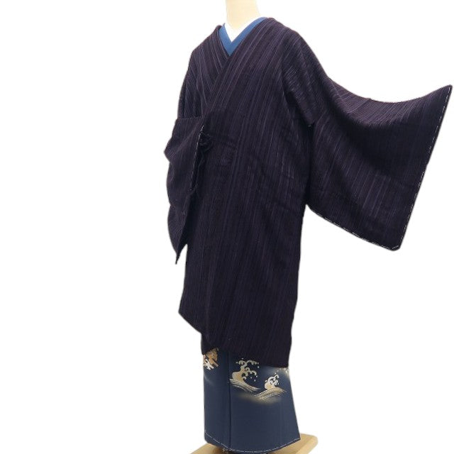 【新古品】tomihisa 新品 大島本泥染 着物 正絹 ロング丈 仕付け糸付”_ 道中着 7511