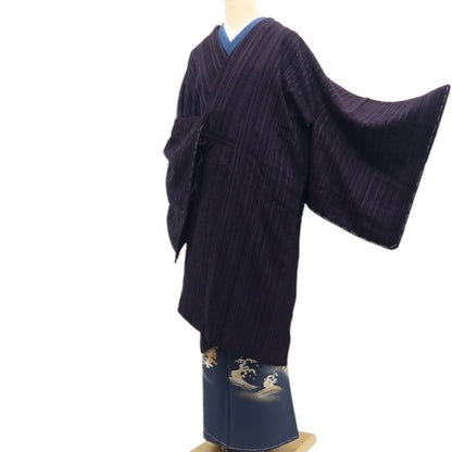 【新古品】tomihisa 新品 大島本泥染 着物 正絹 ロング丈 仕付け糸付”_ 道中着 7511