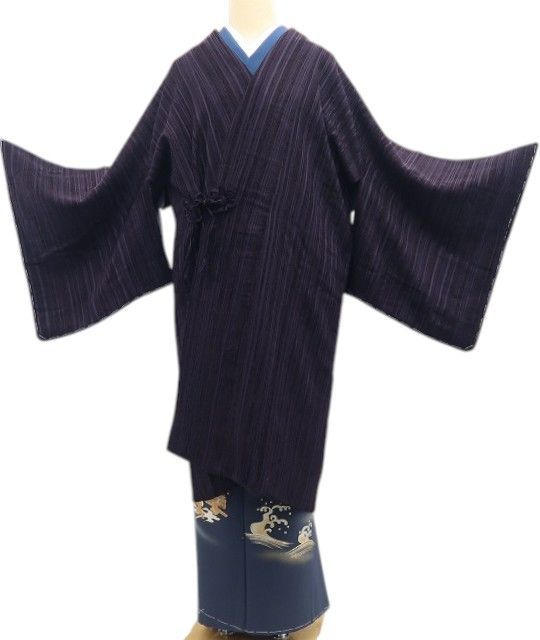 【新古品】tomihisa 新品 大島本泥染 着物 正絹 ロング丈 仕付け糸付”_ 道中着 7511