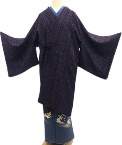 【新古品】tomihisa 新品 大島本泥染 着物 正絹 ロング丈 仕付け糸付”_ 道中着 7511