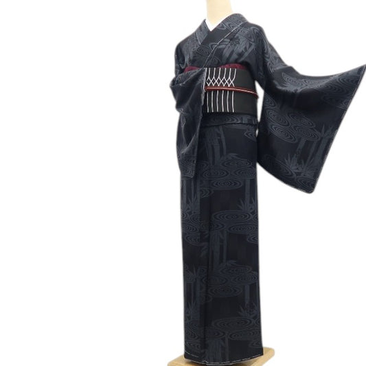【新古品】tomihisa 新品 斉藤上太郎 落款 竹 モノトーン 着物 正絹 仕付け糸付 小紋 7541