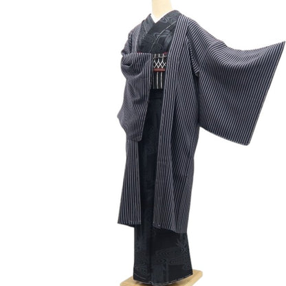 【新古品】tomihisa 新品 斉藤三才 落款 縦縞 着物 正絹 ロング丈 仕付け糸付 長羽織 7560