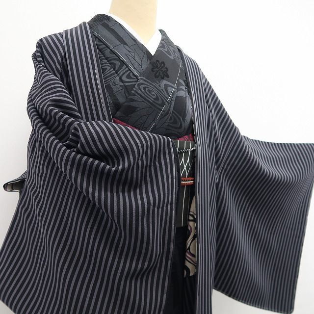 【新古品】tomihisa 新品 斉藤三才 落款 縦縞 着物 正絹 ロング丈 仕付け糸付 長羽織 7560