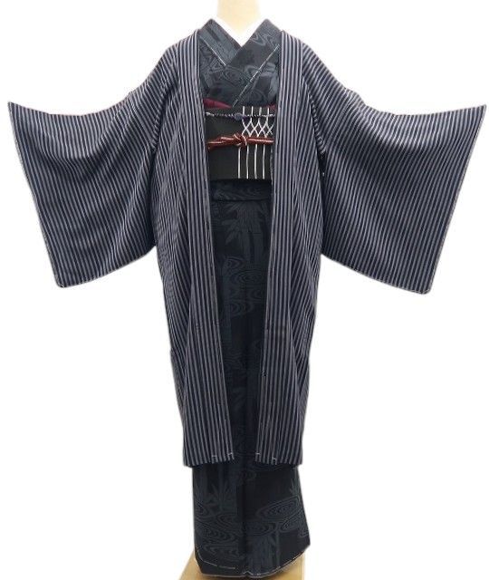 【新古品】tomihisa 新品 斉藤三才 落款 縦縞 着物 正絹 ロング丈 仕付け糸付 長羽織 7560