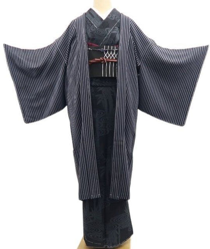 【新古品】tomihisa 新品 斉藤三才 落款 縦縞 着物 正絹 ロング丈 仕付け糸付 長羽織 7560