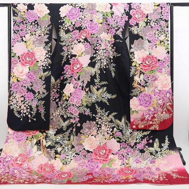 【中古】tomihisa 美品 薔薇 着物 正絹 成人式 トールサイズ 振袖