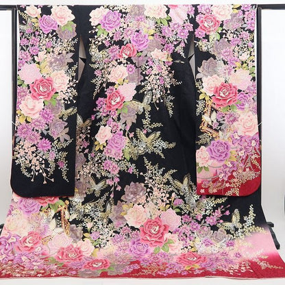 【中古】tomihisa 美品 薔薇 着物 正絹 成人式 トールサイズ 振袖