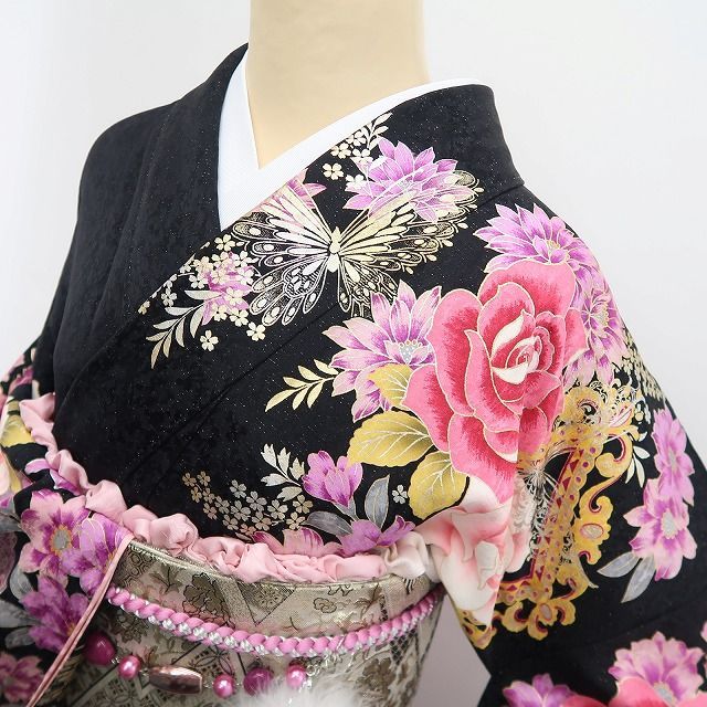 【中古】tomihisa 美品 薔薇 着物 正絹 成人式 トールサイズ 振袖