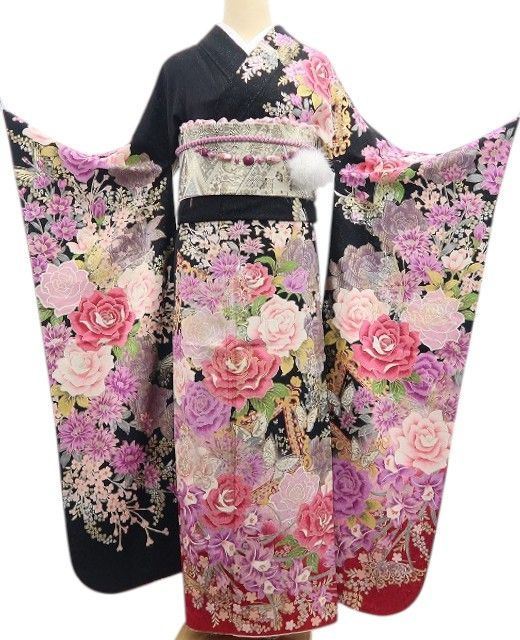 【中古】tomihisa 美品 薔薇 着物 正絹 成人式 トールサイズ 振袖