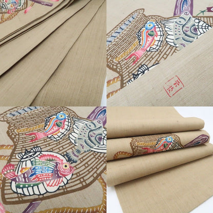 【中古】tomihisa 美品 琉球紅型 城間栄順 落款 着物 正絹 額縁仕立て 開きなごや帯7580
