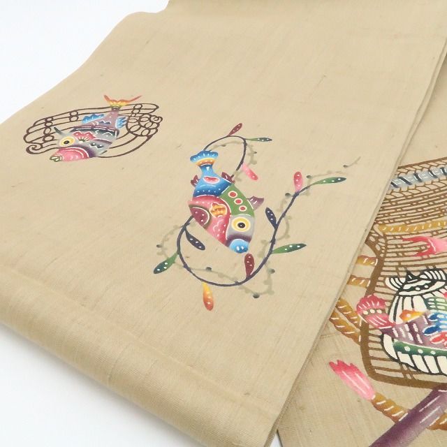 【中古】tomihisa 美品 琉球紅型 城間栄順 落款 着物 正絹 額縁仕立て 開きなごや帯7580