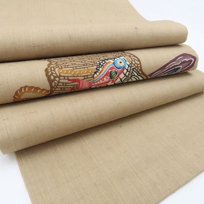 【中古】tomihisa 美品 琉球紅型 城間栄順 落款 着物 正絹 額縁仕立て 開きなごや帯7580