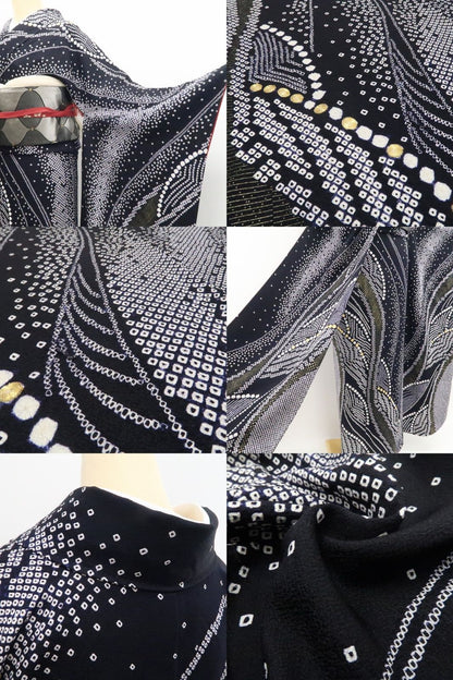 【中古】tomihisa 美品 絞り 金駒刺繍 モノトーン 着物 正絹 トール・ワイドサイズ 成人式 振袖 7601