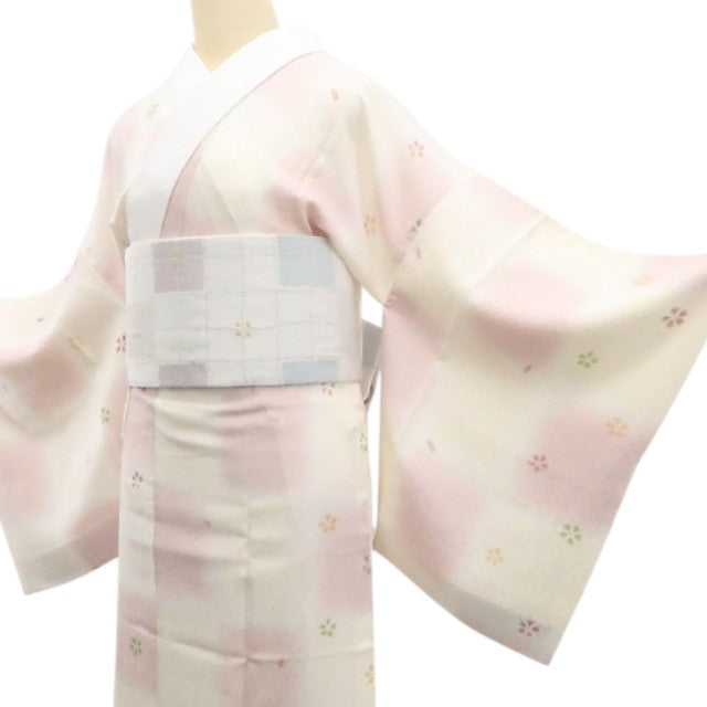 【中古】tomihisa 美品 桜 市松 着物 正絹 長襦袢 7638