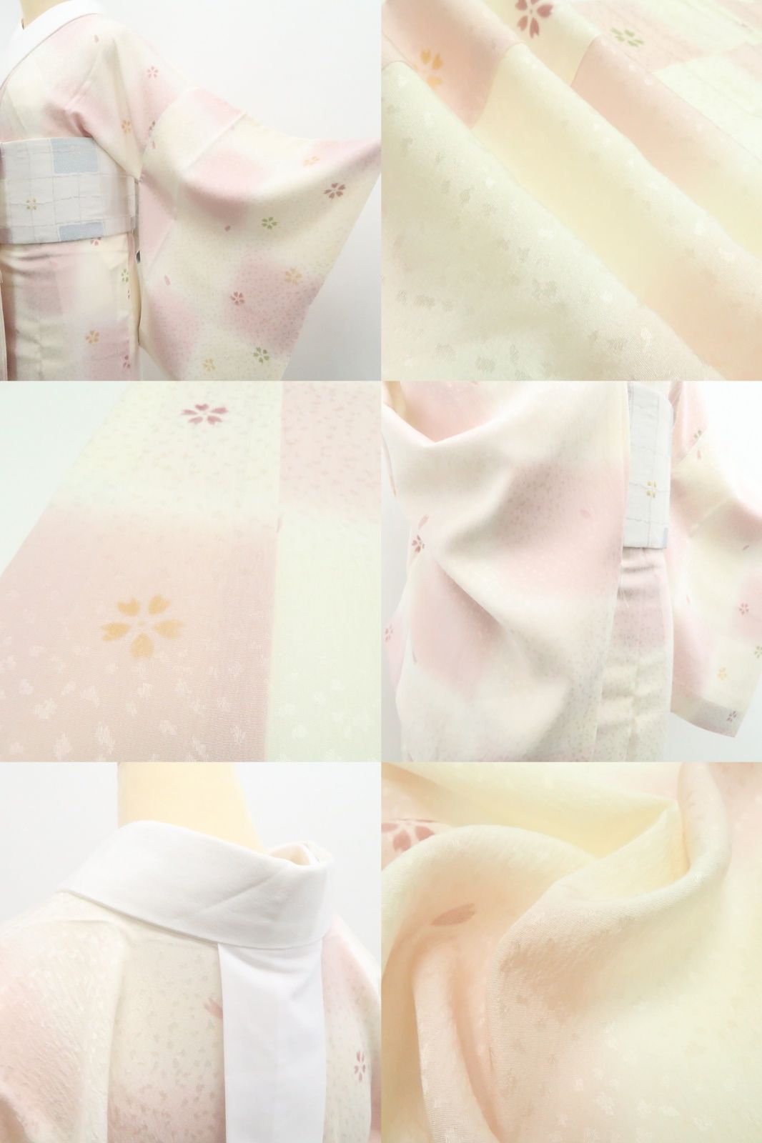 【中古】tomihisa 美品 桜 市松 着物 正絹 長襦袢 7638