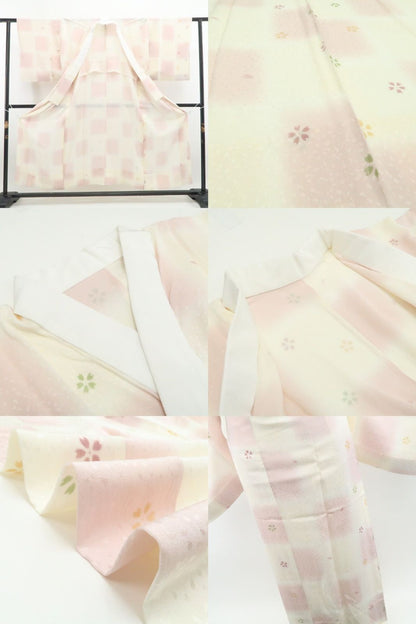 【中古】tomihisa 美品 桜 市松 着物 正絹 長襦袢 7638