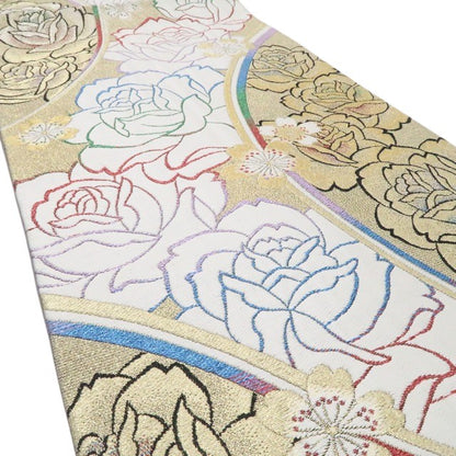 【中古】tomihisa 美品 薔薇 桜 着物 正絹 成人式 振袖用 袋帯 7671