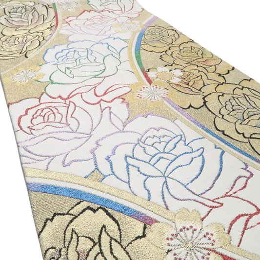【中古】tomihisa 美品 薔薇 桜 着物 正絹 成人式 振袖用 袋帯 7671
