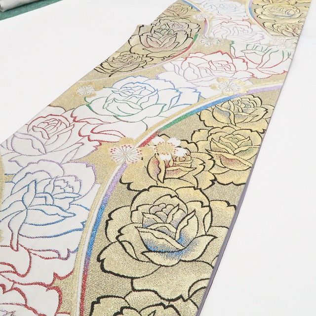 【中古】tomihisa 美品 薔薇 桜 着物 正絹 成人式 振袖用 袋帯 7671
