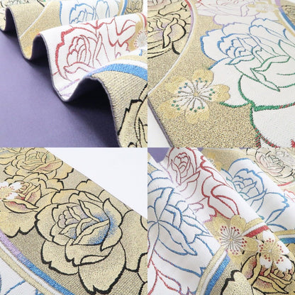 【中古】tomihisa 美品 薔薇 桜 着物 正絹 成人式 振袖用 袋帯 7671