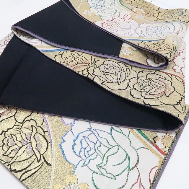 【中古】tomihisa 美品 薔薇 桜 着物 正絹 成人式 振袖用 袋帯 7671