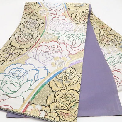 【中古】tomihisa 美品 薔薇 桜 着物 正絹 成人式 振袖用 袋帯 7671