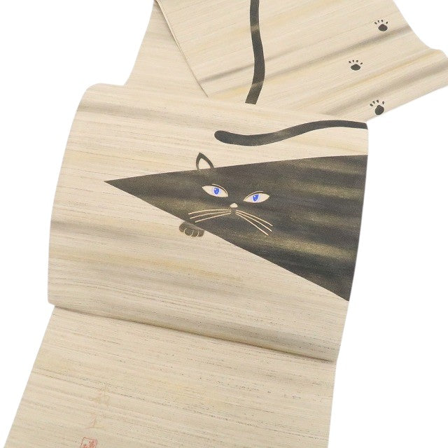 【中古】tomihisa 美品 日本画家 高橋威至 落款 猫 着物 正絹 袋帯 7724