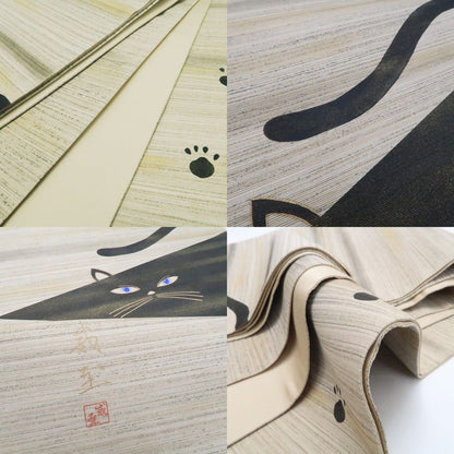 【中古】tomihisa 美品 日本画家 高橋威至 落款 猫 着物 正絹 袋帯 7724