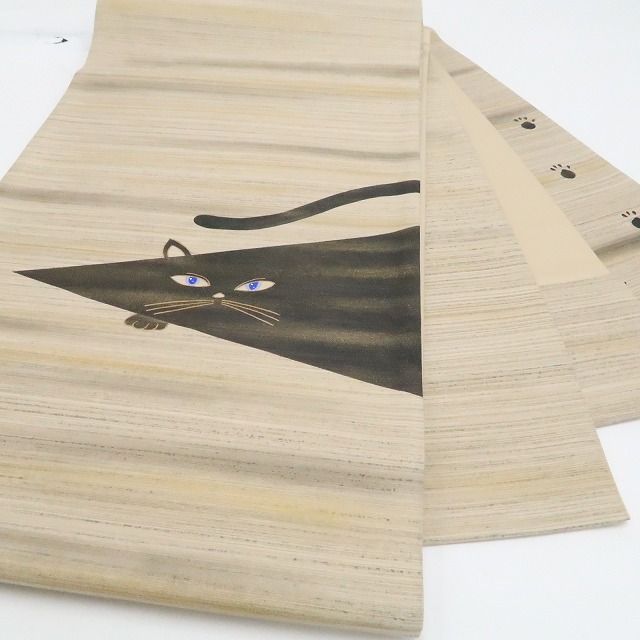 【中古】tomihisa 美品 日本画家 高橋威至 落款 猫 着物 正絹 袋帯 7724