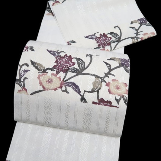 【新品】tomihisa 新品 本場筑前博多織 お仕立て上がり品 唐花 着物 正絹 八寸なごや帯 7743