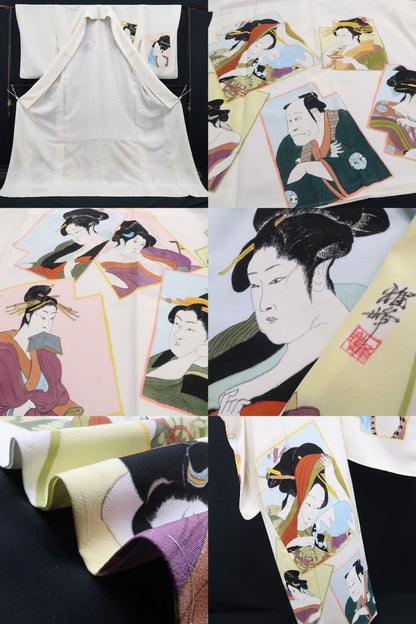 【新古品】tomihisa 新品 浮世絵 雅峰 落款 着物 正絹 仕付け糸付 トールサイズ 訪問着 7748