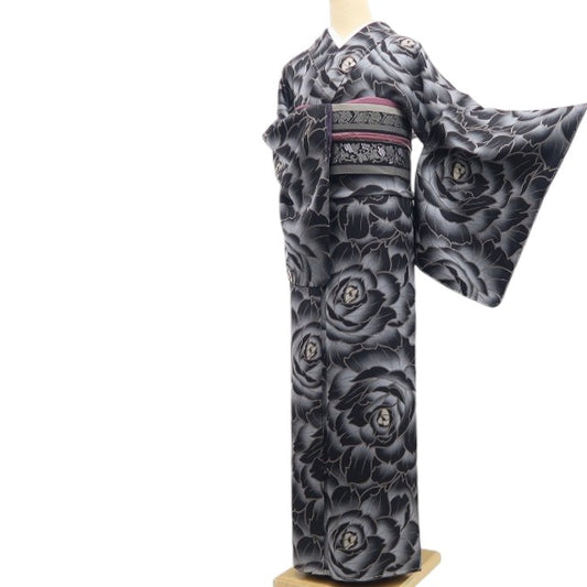 【新古品】tomihisa 新品 薔薇 モノトーン 着物 正絹 仕付け糸付 小紋 7750