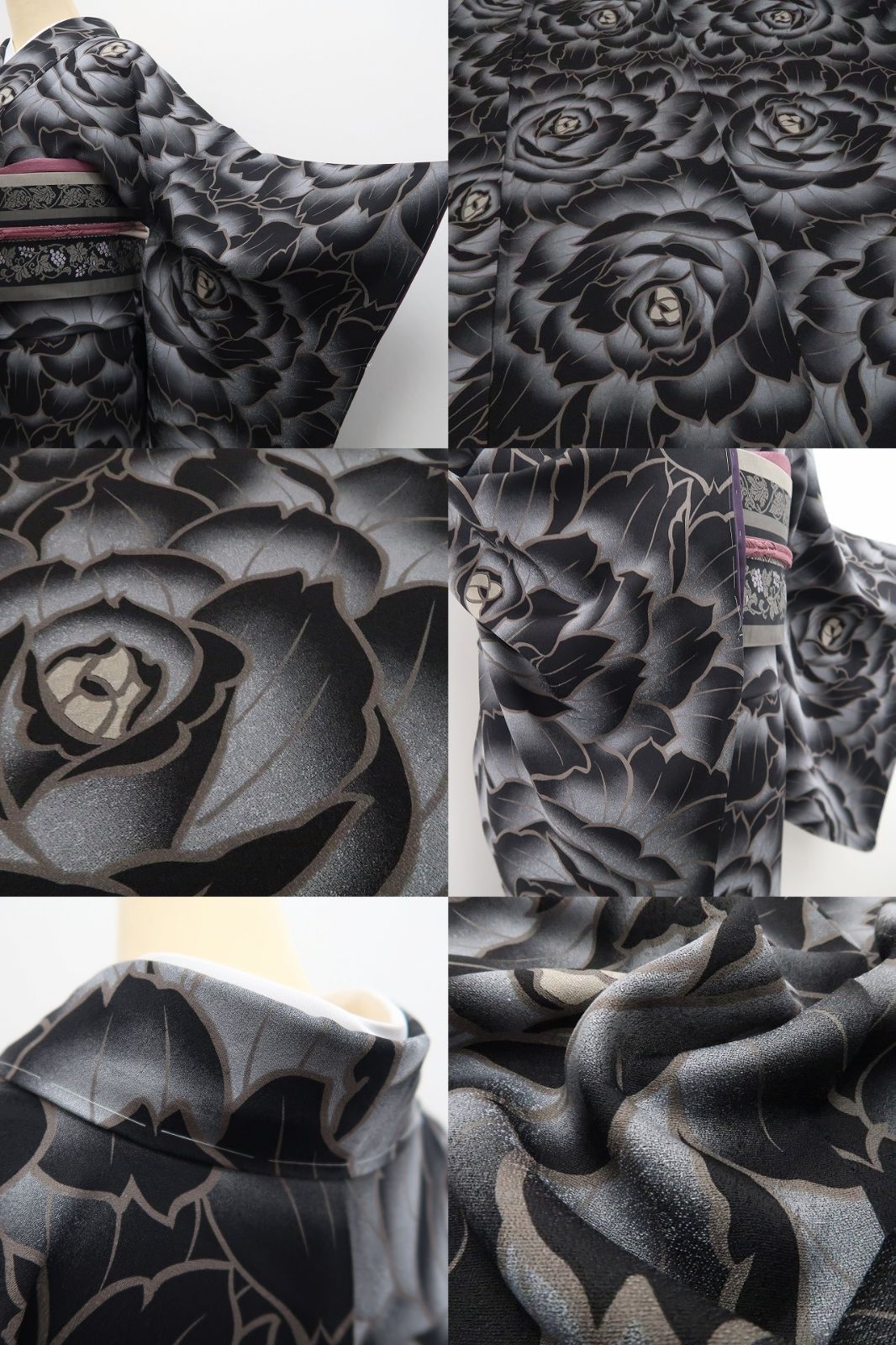 【新古品】tomihisa 新品 薔薇 モノトーン 着物 正絹 仕付け糸付 小紋 7750