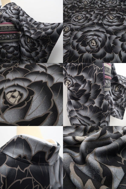 【新古品】tomihisa 新品 薔薇 モノトーン 着物 正絹 仕付け糸付 小紋 7750