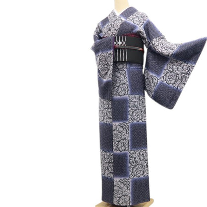 【新古品】tomihisa 新品 斉藤三才 落款 牡丹×市松×麻の葉 着物 正絹 仕付け糸付 小紋 7753