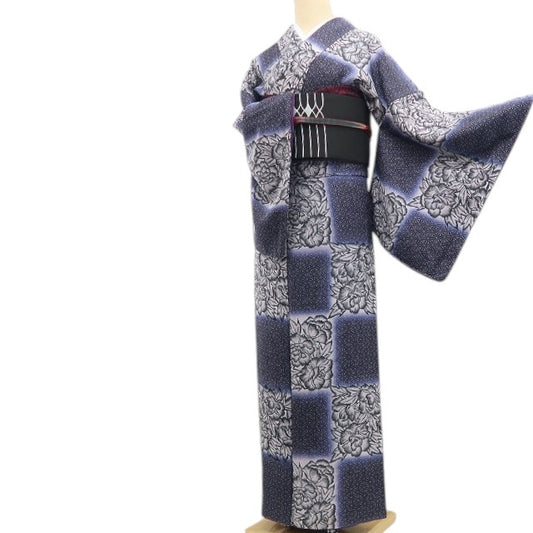 【新古品】tomihisa 新品 斉藤三才 落款 牡丹×市松×麻の葉 着物 正絹 仕付け糸付 小紋 7753