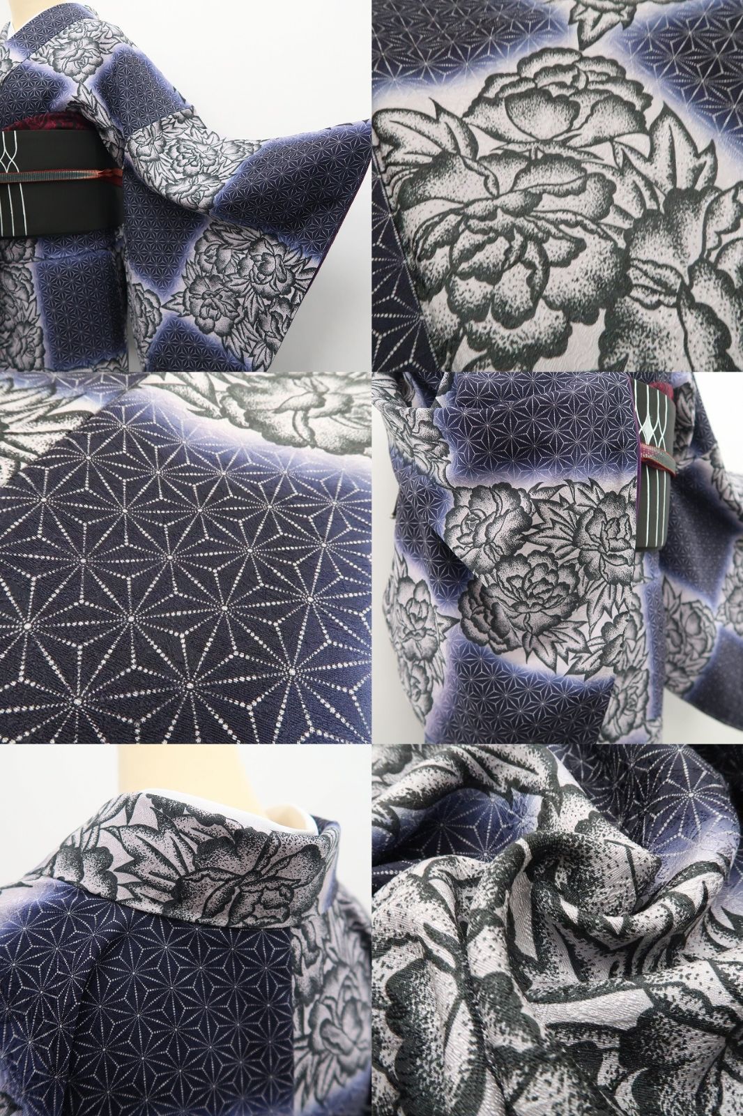【新古品】tomihisa 新品 斉藤三才 落款 牡丹×市松×麻の葉 着物 正絹 仕付け糸付 小紋 7753