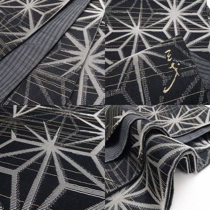【中古】tomihisa 美品 斉藤三才 落款 麻の葉 モノトーン 着物 正絹 全通 袋帯 7761