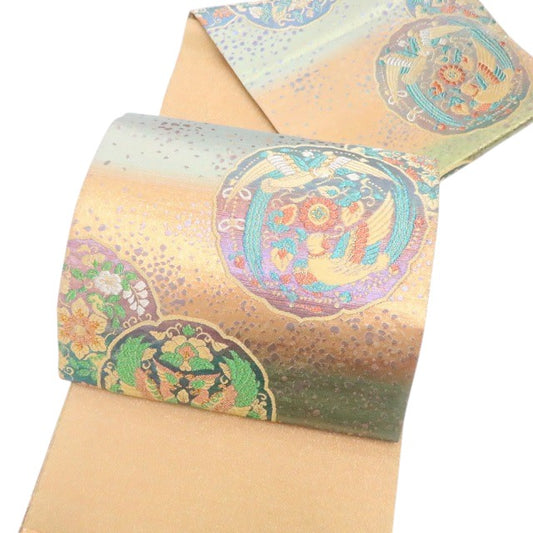 【中古】tomihisa 美品 佐波理綴れ 古代鏡華紋様 着物 正絹 袋帯 7779