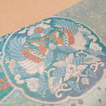 【中古】tomihisa 美品 佐波理綴れ 古代鏡華紋様 着物 正絹 袋帯 7779