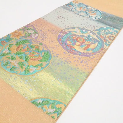 【中古】tomihisa 美品 佐波理綴れ 古代鏡華紋様 着物 正絹 袋帯 7779