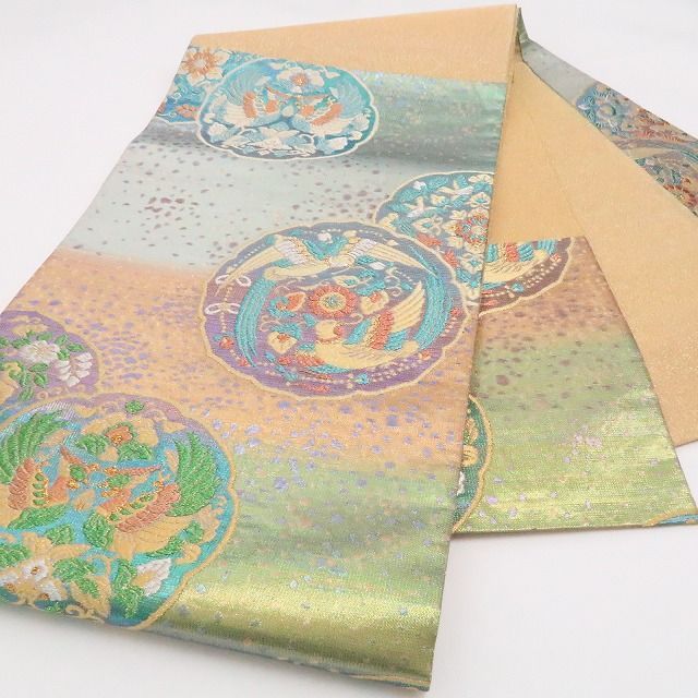【中古】tomihisa 美品 佐波理綴れ 古代鏡華紋様 着物 正絹 袋帯 7779