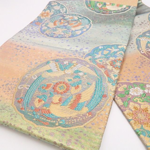 【中古】tomihisa 美品 佐波理綴れ 古代鏡華紋様 着物 正絹 袋帯 7779