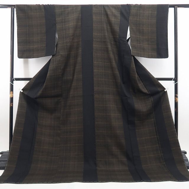【新古品】tomihisa 新品 伝統工芸士 白川貞夫 柿渋染 チェック柄 着物 正絹 仕付け糸付 紬 7783