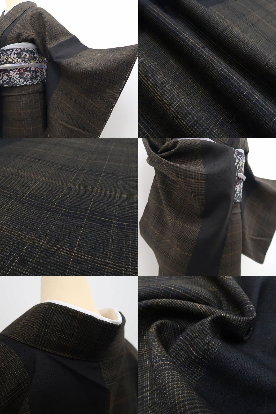 【新古品】tomihisa 新品 伝統工芸士 白川貞夫 柿渋染 チェック柄 着物 正絹 仕付け糸付 紬 7783