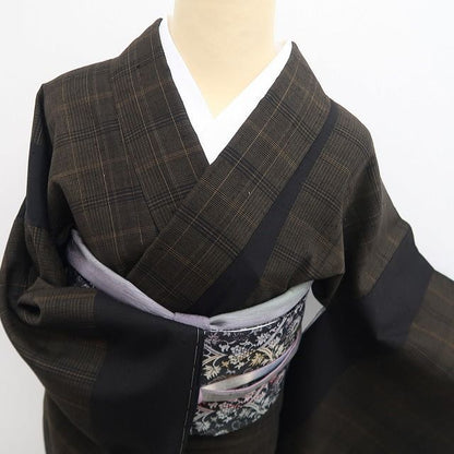 【新古品】tomihisa 新品 伝統工芸士 白川貞夫 柿渋染 チェック柄 着物 正絹 仕付け糸付 紬 7783